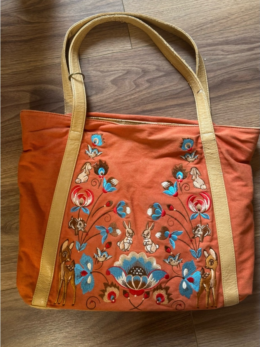 Disney Loungefly Embroidered Bambi Orange Canvas Tote Bag with Tan Straps